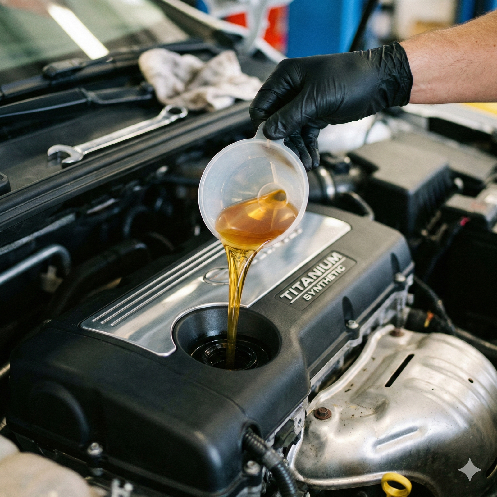 Abastecimento de motor com óleo lubrificante de alta performance.